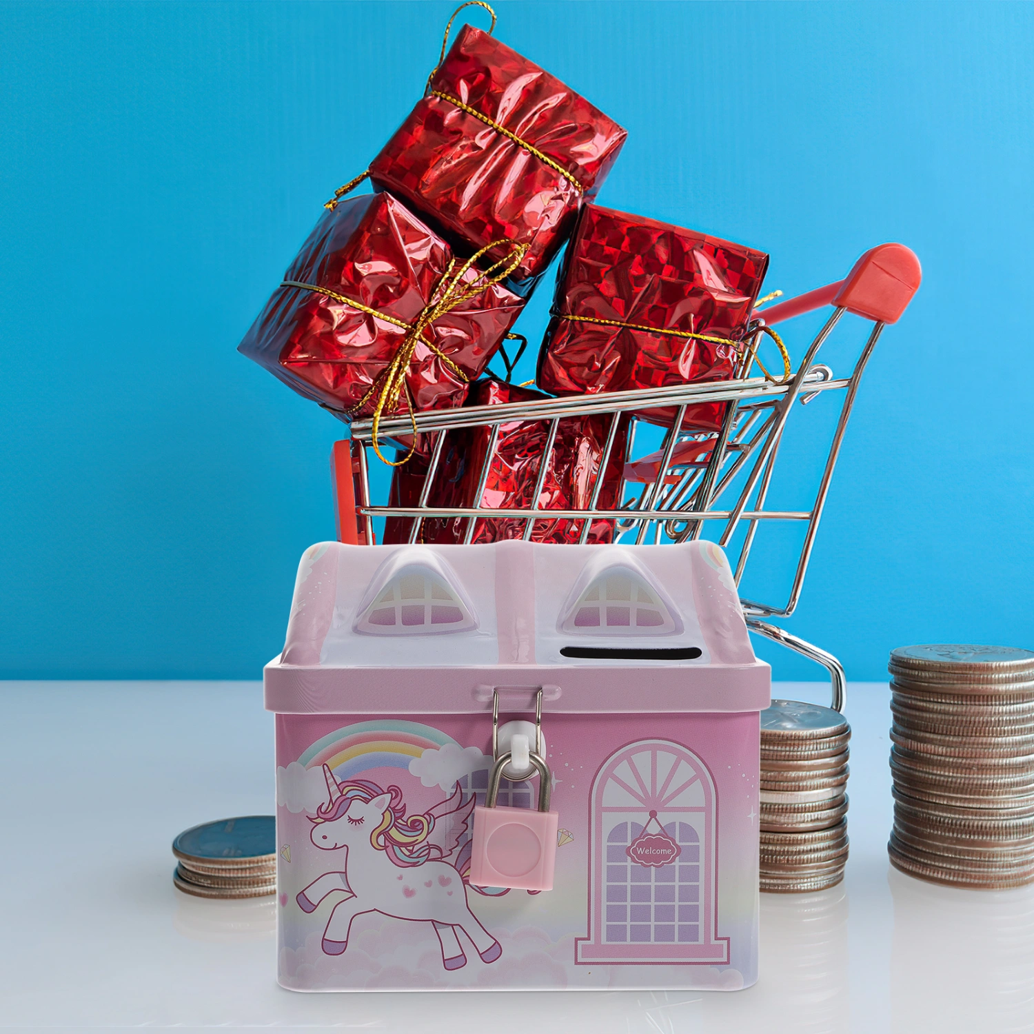 Tinplate Piggy Bank Kids Piggy Bank House Shaped Saving Pot Adornment Metal Saving Pot with Lock