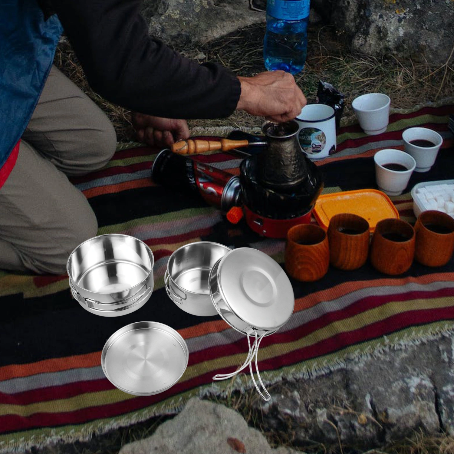 1 Set of Camping Pot Pan Set Stainless Steel Camping Cookware Camping Cooking Utensils
