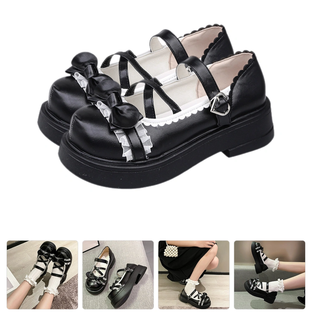 1 Pair Black Lolita Shoes Bow Leather Lolita Shoes Round Toe Strap Lolita Shoes for Women