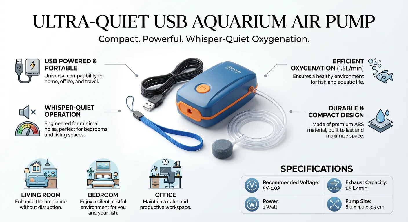 USB Powered Aquarium Air Pump Aerator Pump Silent Fish Tank Bubbler Pump