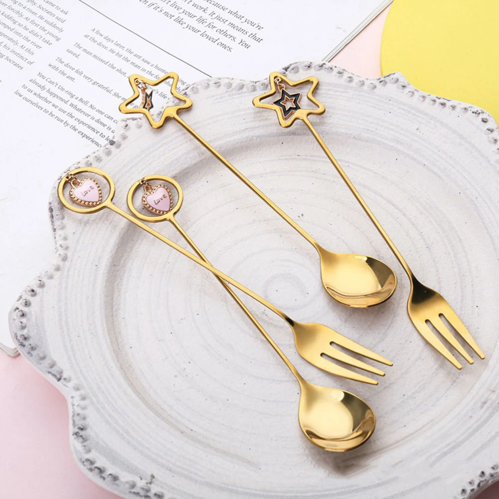 2 Sets Stainless Steel Golden Dessert Spoons Cake Spoon Tea Spoon Appetizer Forks