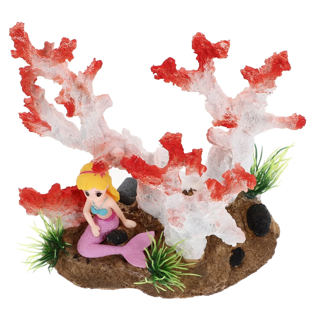 Mermaid with Coral Reef Statue Simulation Coral Reef Decoration Aquarium Decor