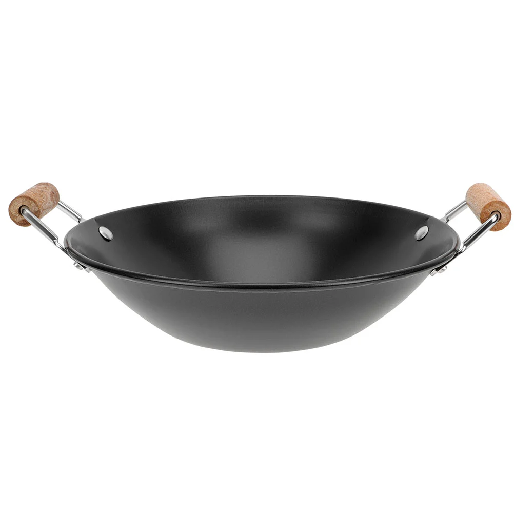 2pcs Daily Use Food Wok Double Wooden Handles Hot Pot Kitchen Cooking Wok for Home