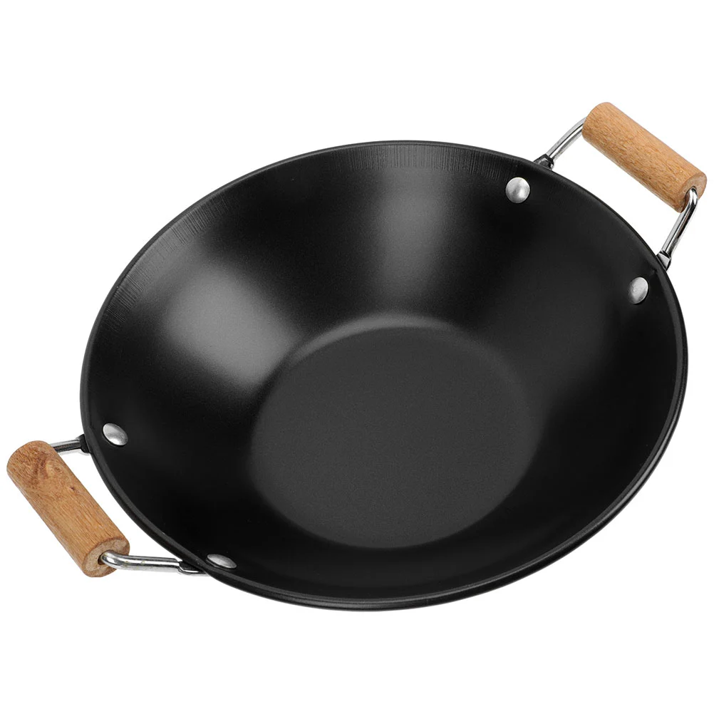 2pcs Daily Use Food Wok Double Wooden Handles Hot Pot Kitchen Cooking Wok for Home