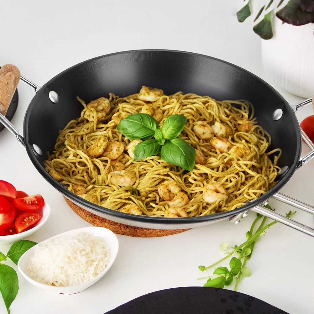 2pcs Daily Use Food Wok Double Wooden Handles Hot Pot Kitchen Cooking Wok for Home