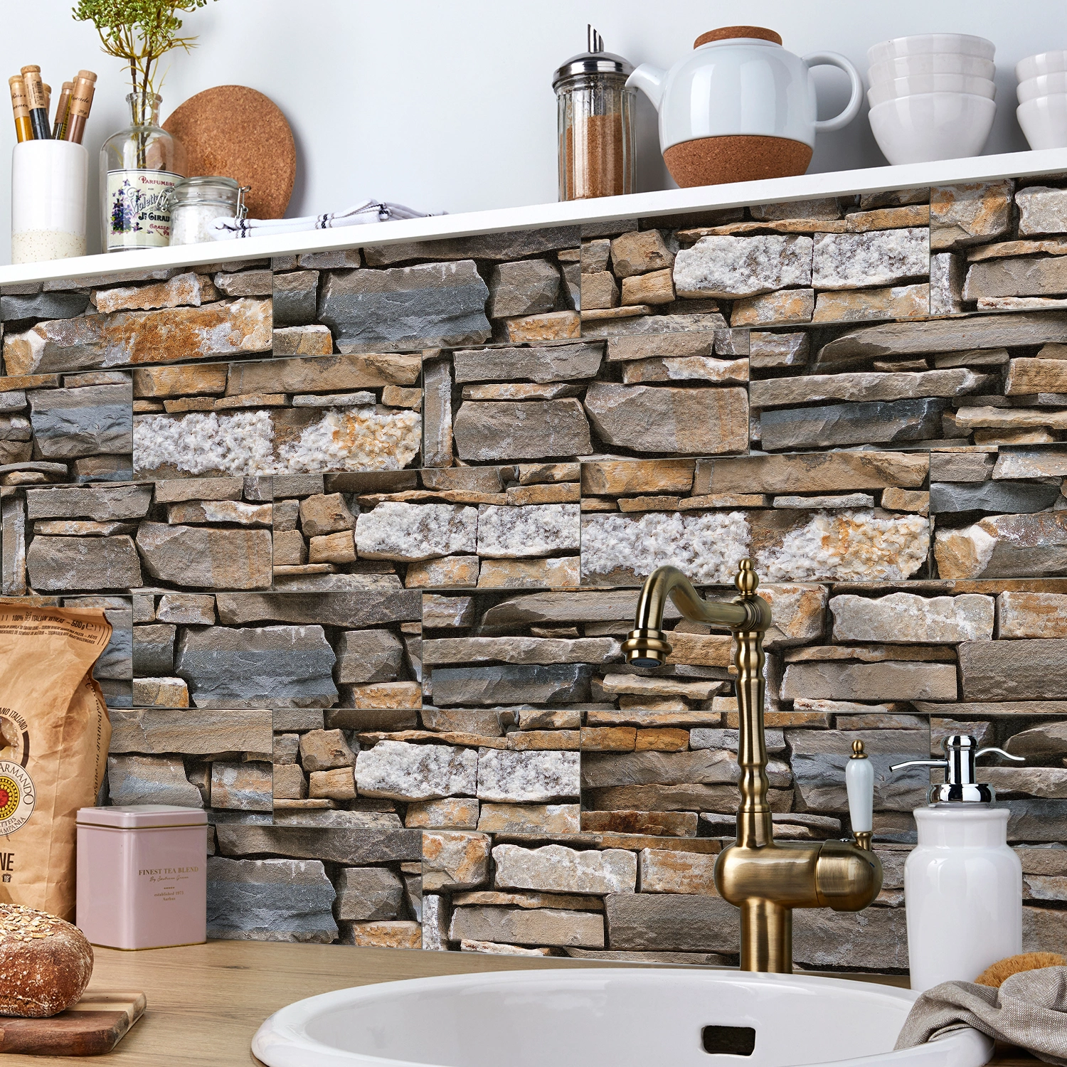9pcs DIY 3D Stone Grain Wall Stickers Tile Decals Kitchen Peel and Stick Wall Tile Sticker Wall Panel Stickers