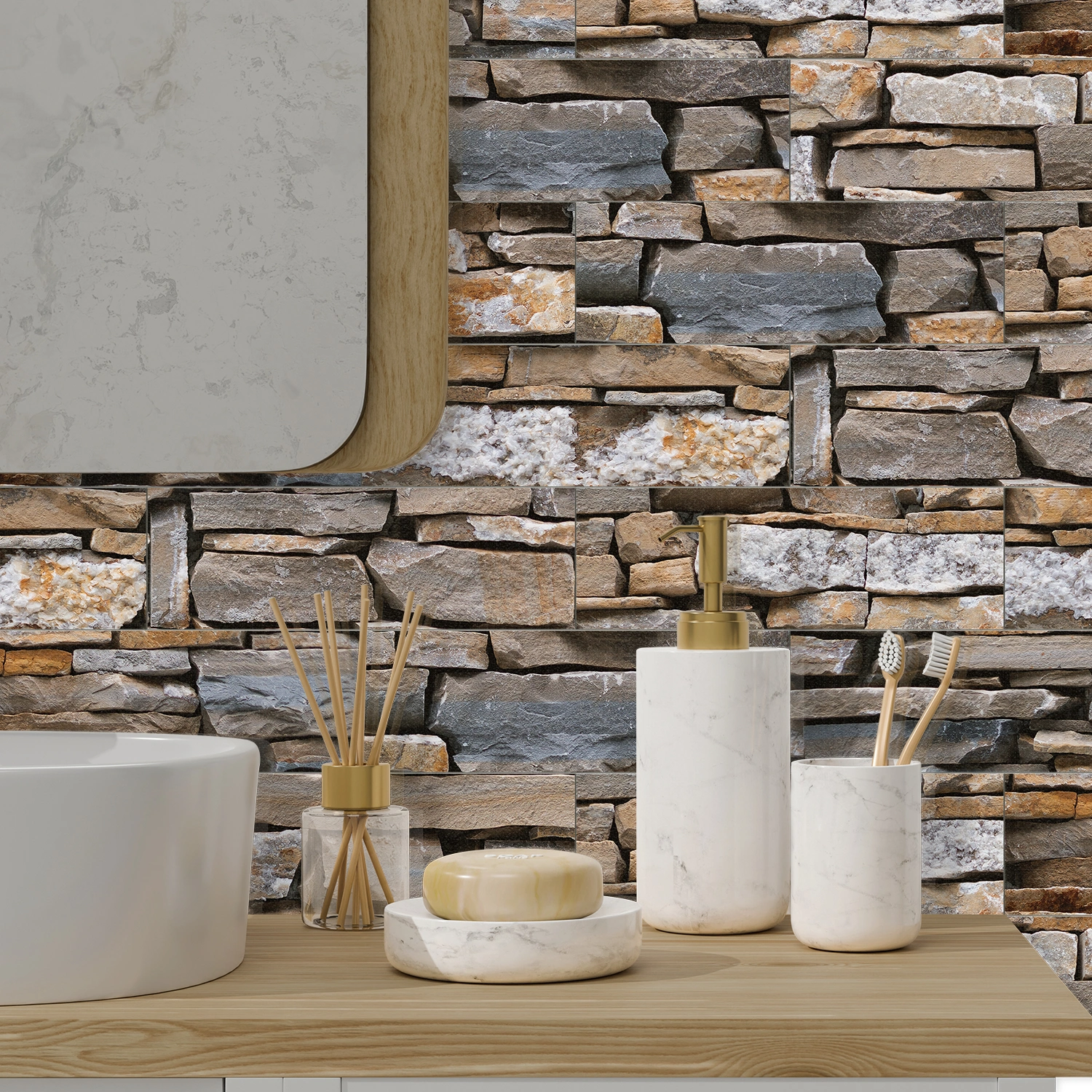 9pcs DIY 3D Stone Grain Wall Stickers Tile Decals Kitchen Peel and Stick Wall Tile Sticker Wall Panel Stickers