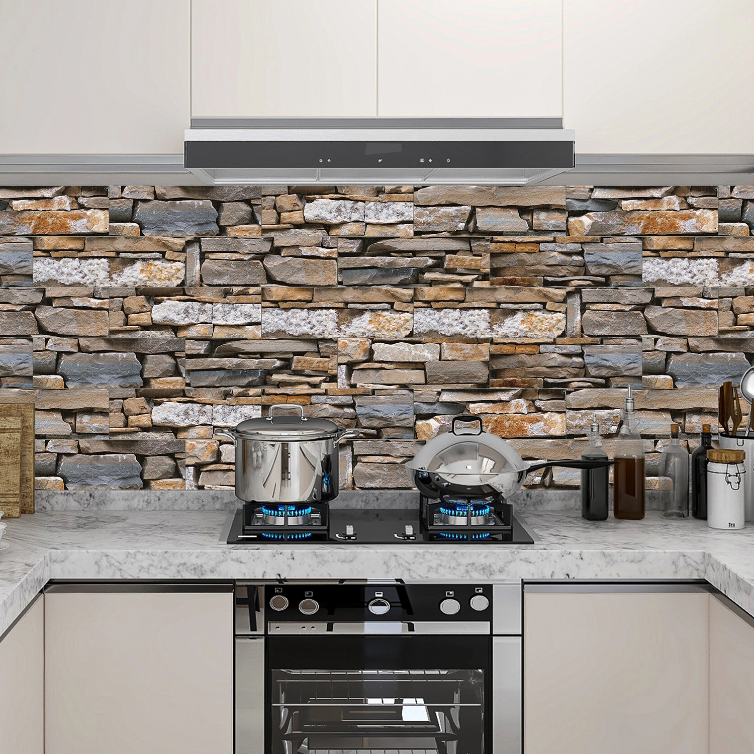 9pcs DIY 3D Stone Grain Wall Stickers Tile Decals Kitchen Peel and Stick Wall Tile Sticker Wall Panel Stickers