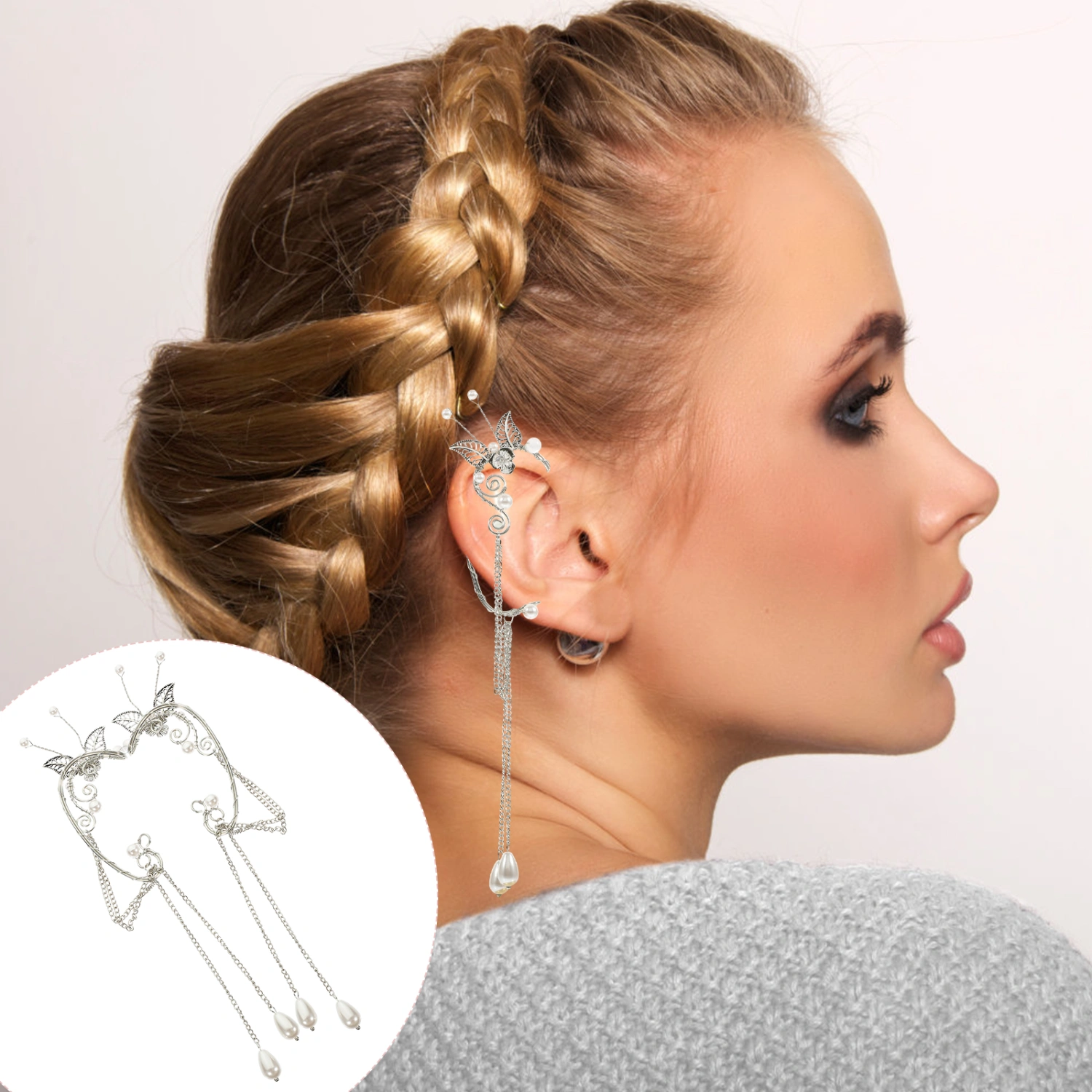 1 Pair Non Piercing Ear Clip Women Ear Clip Earrings Leaf Pearl Tassel Ear Cuff Clips