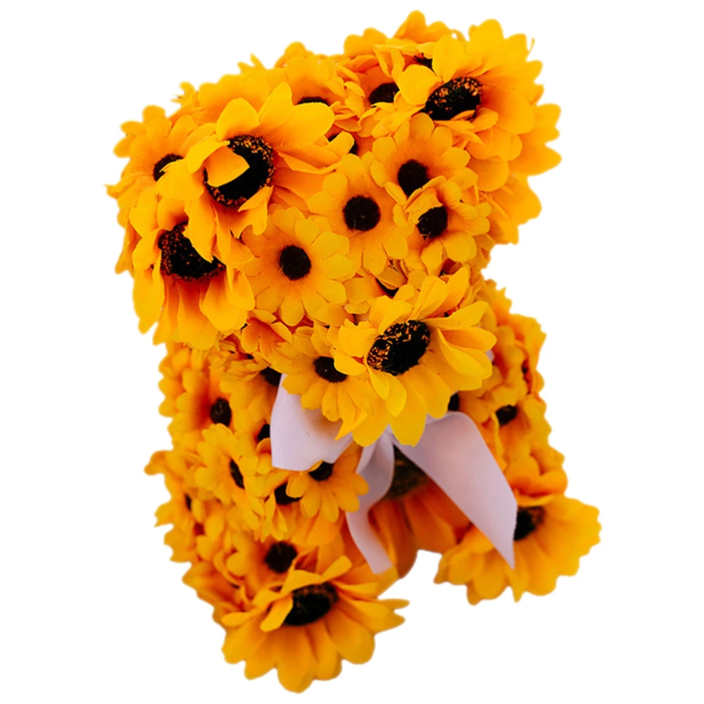 Artificial Sunflower Bear Figurine Lovely Animal Ornament Home Bedroom Decor