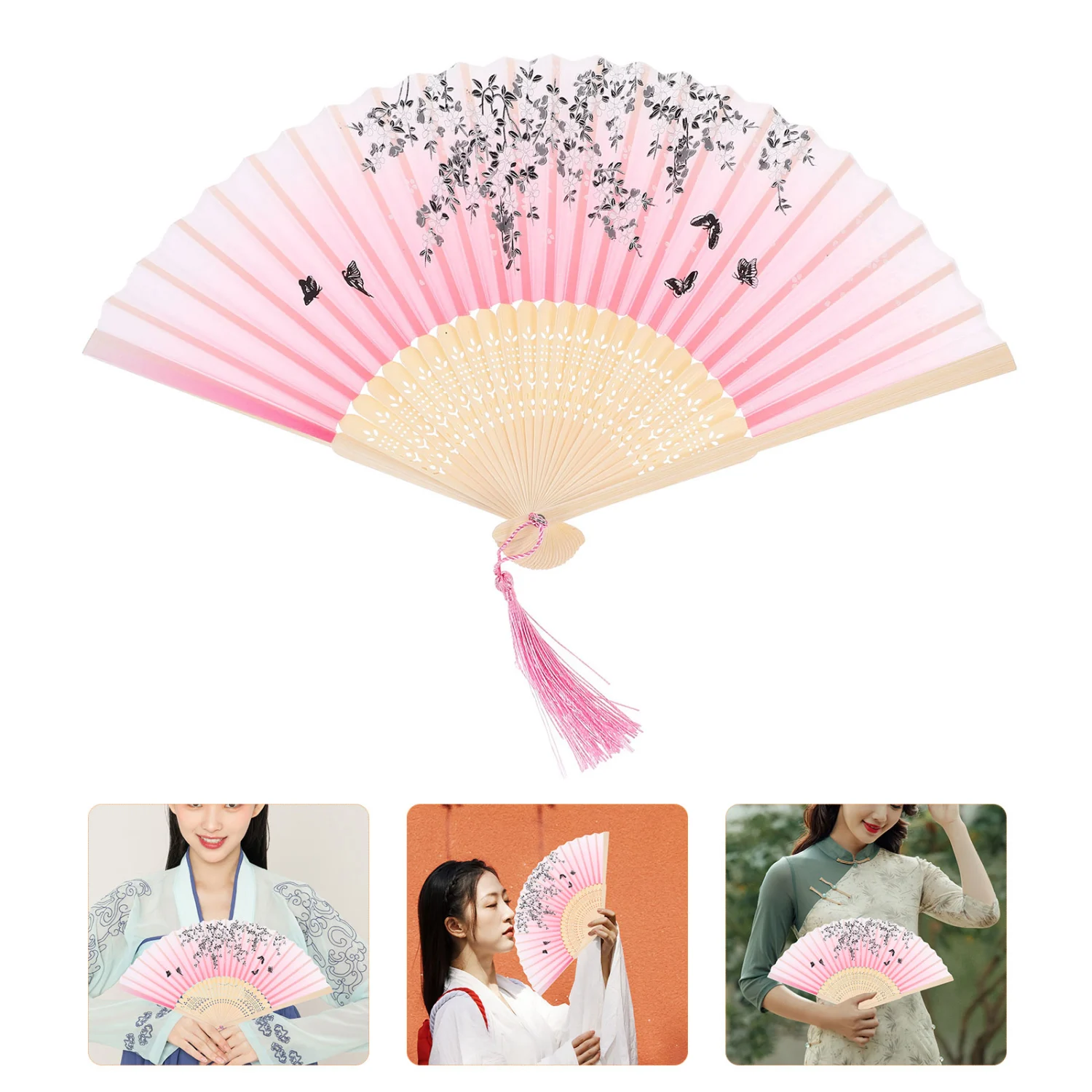 Vintage Folding Fan with Tassel Retro Hand Fan Handheld Folding Fan Dancing Cloth Fan
