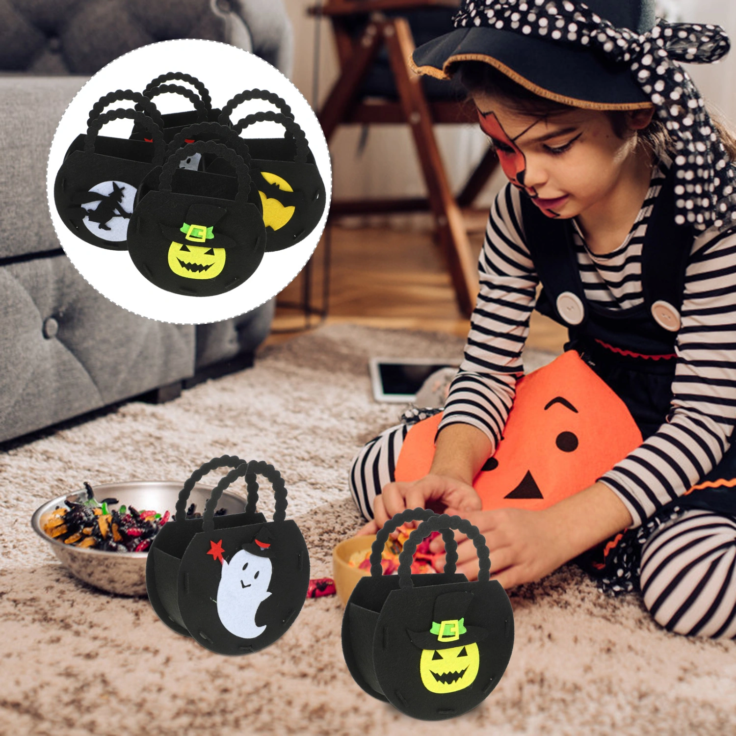 4pcs Halloween Party Candy Handbags Handle Candy Pouches Cartoon Candy Bags