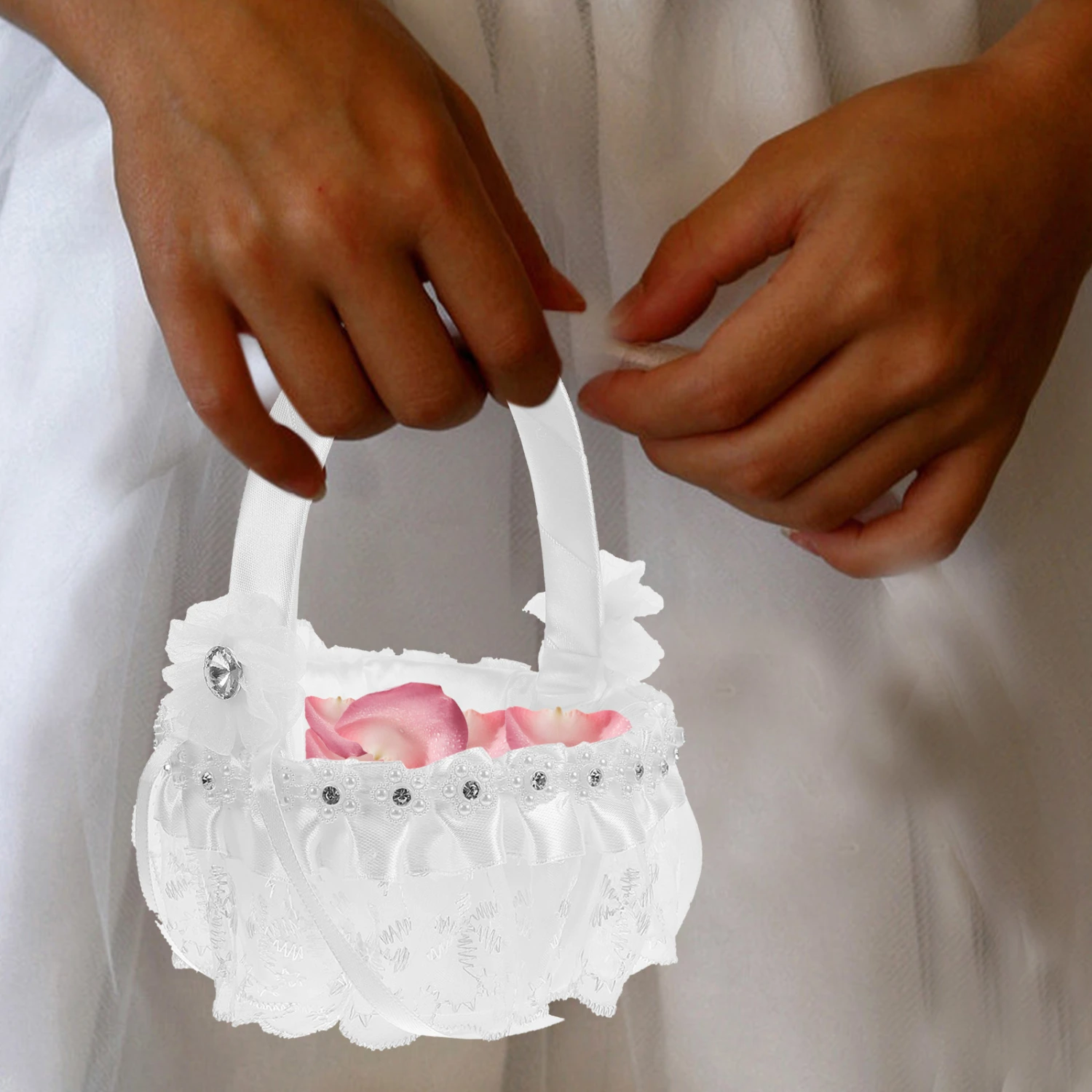 Bowknot Flower Girl Basket Wedding Petal Basket Handheld Wedding Party Petal Basket