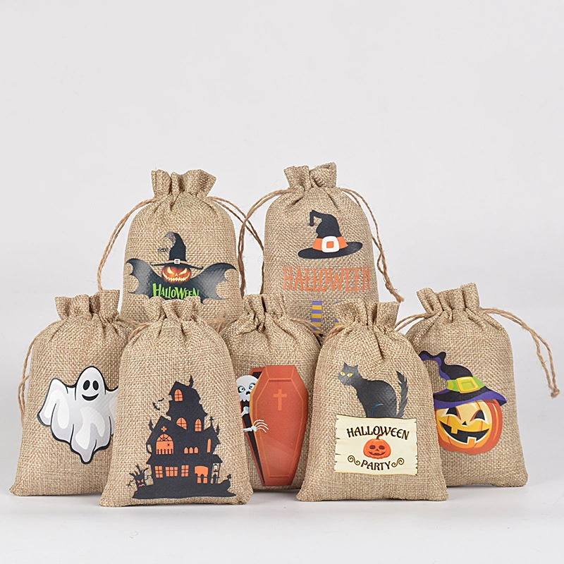 24pcs Halloween Gift Drawstring Bag Linen Goodies Packing Bag Party Treats Bag Halloween Supplies Mixed Style