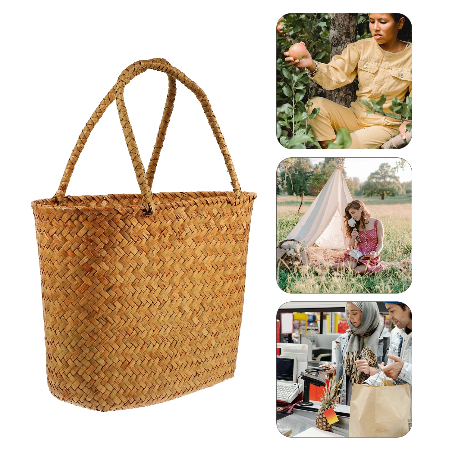 Woven Picnic Basket Handheld Woven Basket Fruits Vegetable Basket Hand Woven Basket