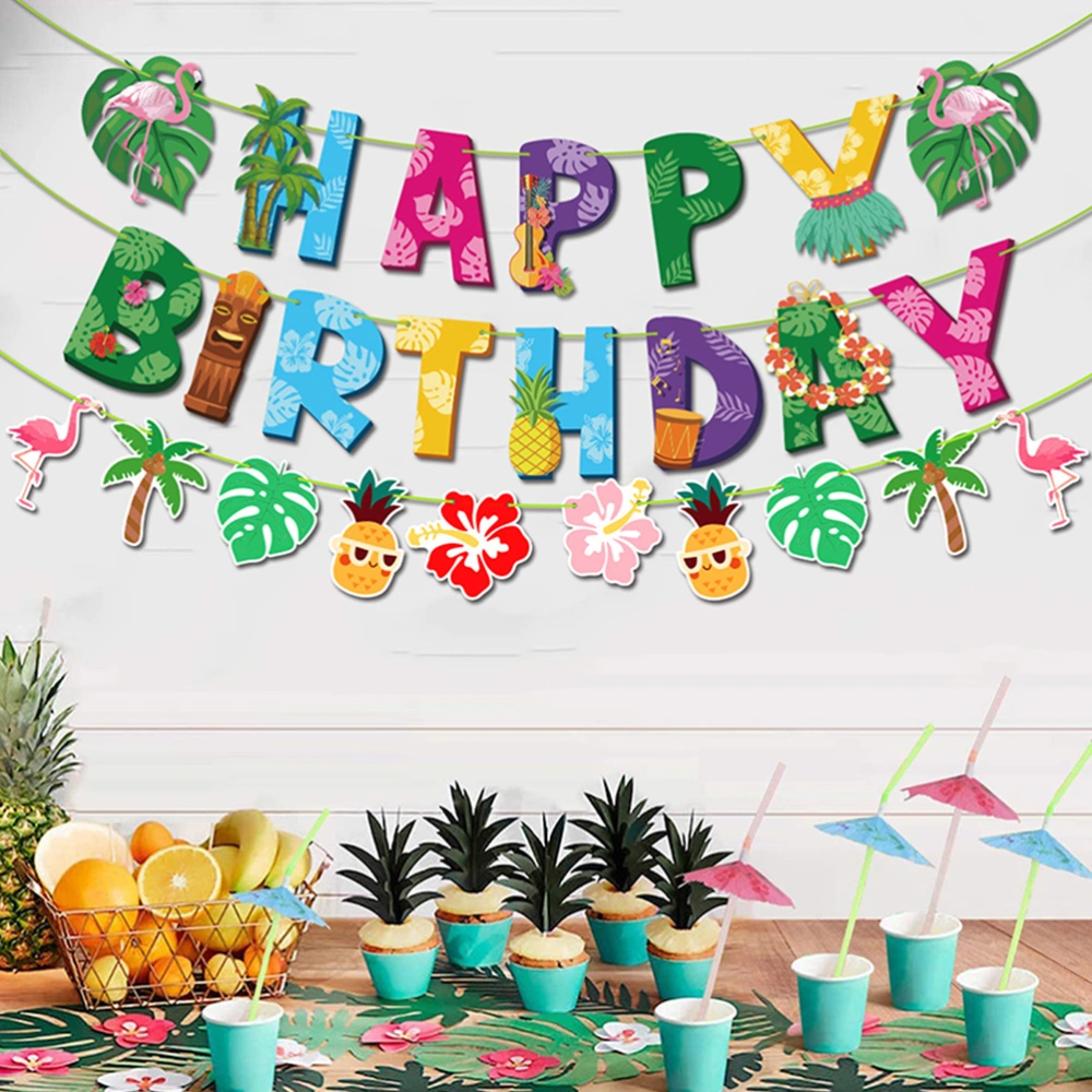 1 Set of Hawaii Luau Birthday Party Decoration Happy Birthday Banners Tropical Cupcake Toppers