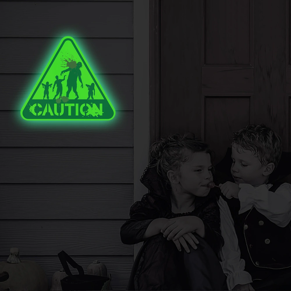 2Pcs Luminous Halloween Warning Sign Adhesive Wall Stickers Zombie Wall Sticker for Halloween