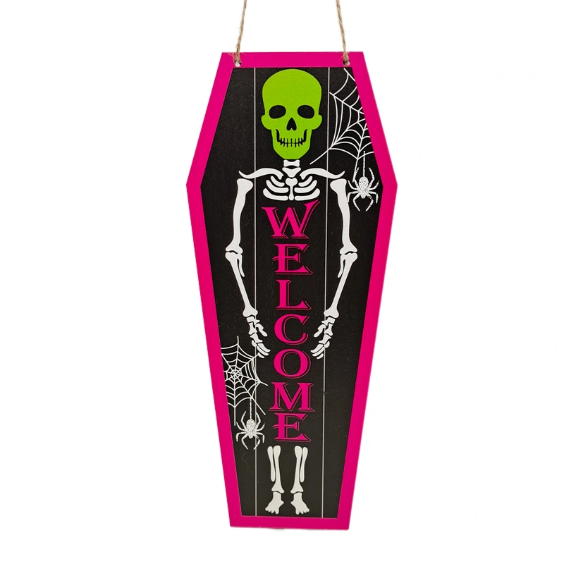 2pcs Coffin Shaped Hanging Sign Doorplate Halloween Hanging Sign Hemp Rope Wall Sign