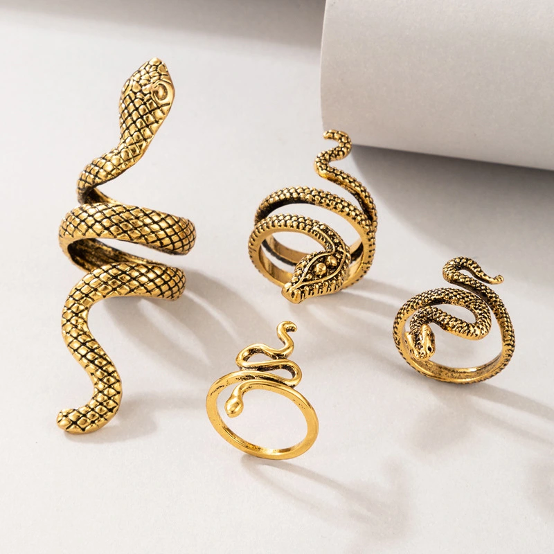 4pcs Snake Finger Rings Retro Punk Ring Adjustable Opening Ring for Women Teens