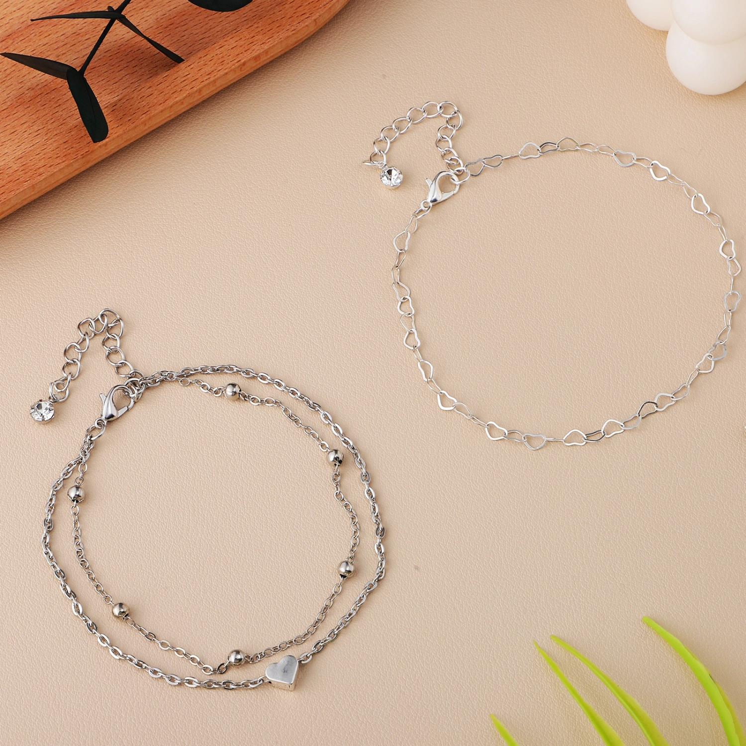 2Pcs Women Anklet Single Layer Double Layer Boho Heart Chain Anklet Bracelet Jewelry for Beach