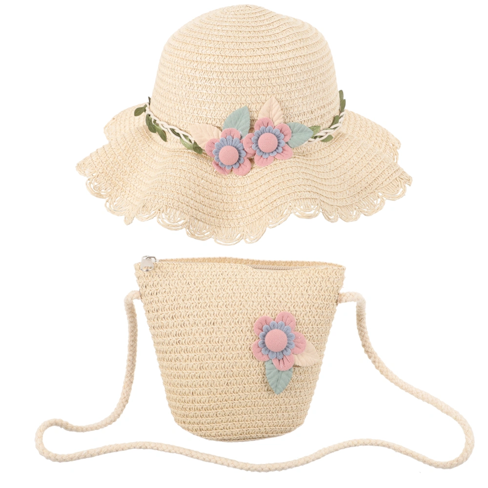 1 Set Kid Girls Straw Hat with Bag Beach Sun Cap Flower Straw Hat with Shoulder Bag