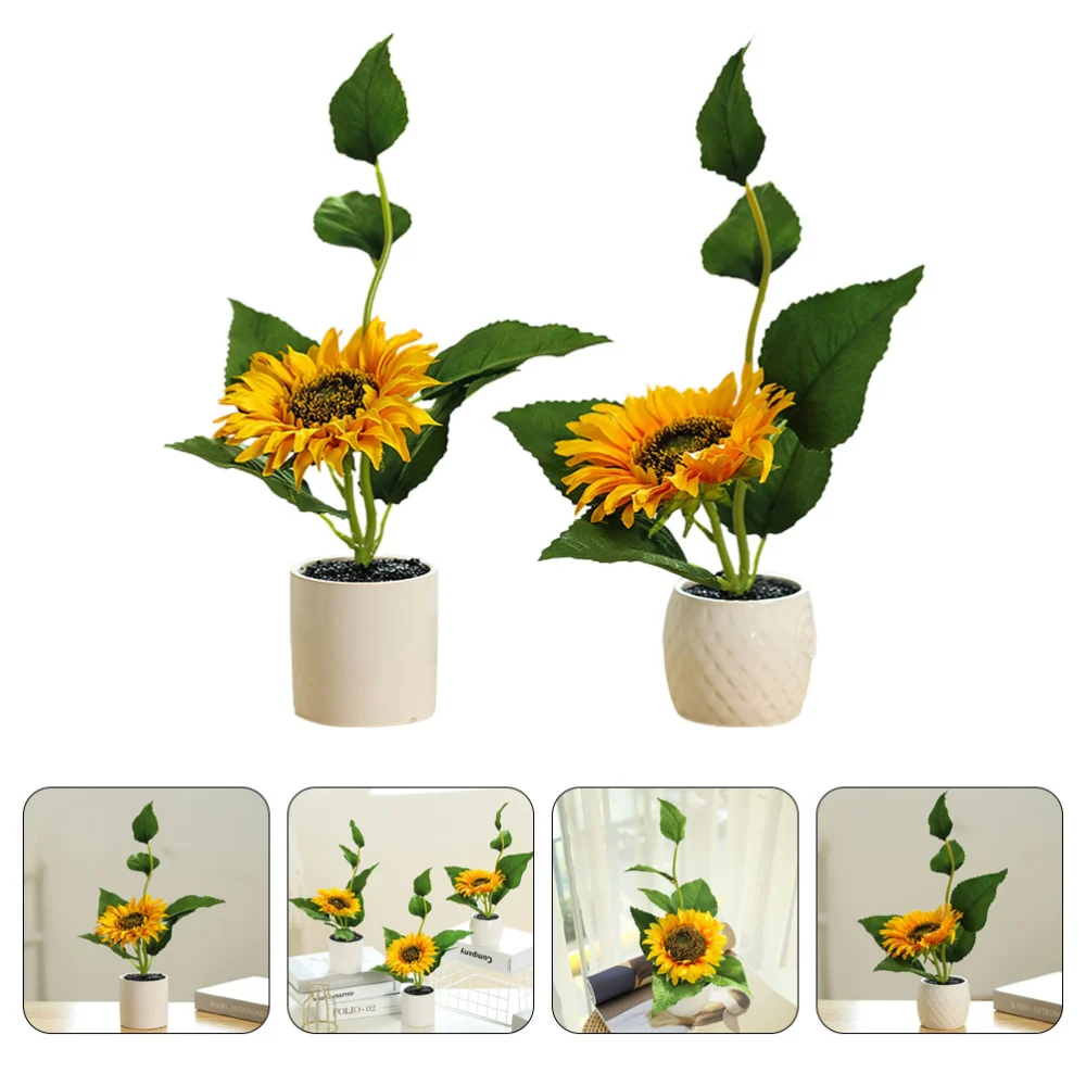 2Pcs Faux Potted Sunflower Artificial Potted Plant Decoration Home Fake Bonsai Sunflower