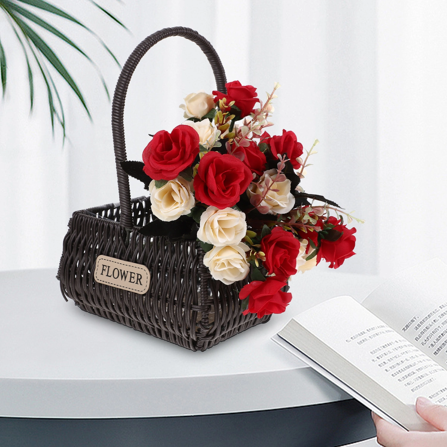 Handwoven Flower Basket with Handle Picnic Basket Wedding Flower Basket Decorative Basket