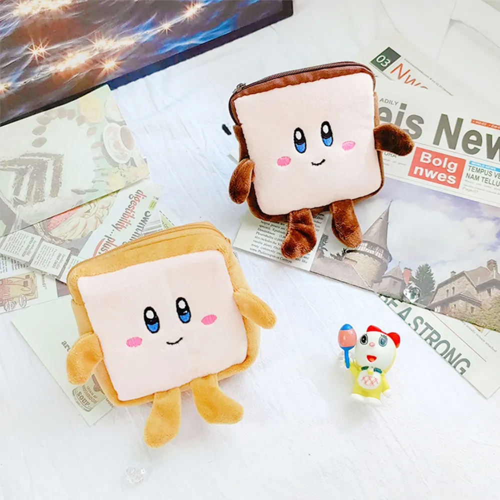 2Pcs Toast Shape Money Bag Cartoon Plush Bag Small Toast Coin Purse Adorable Period Bag