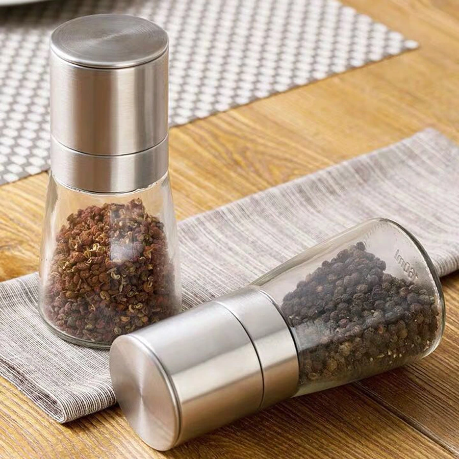 2pcs Pepper Grinder Stainless Steel Glass Pepper Grinder Mill Manual Pepper Grinder Manual Refillable Salt Grinder