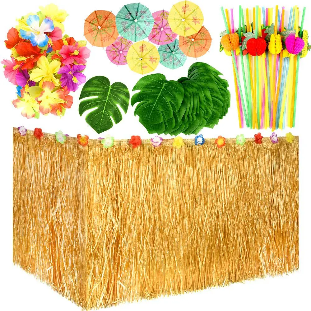 1 Set of Hawaiian Party Table Skirt Umbrellas Decors Straws Skirt Party Monstera Flowers Supplies