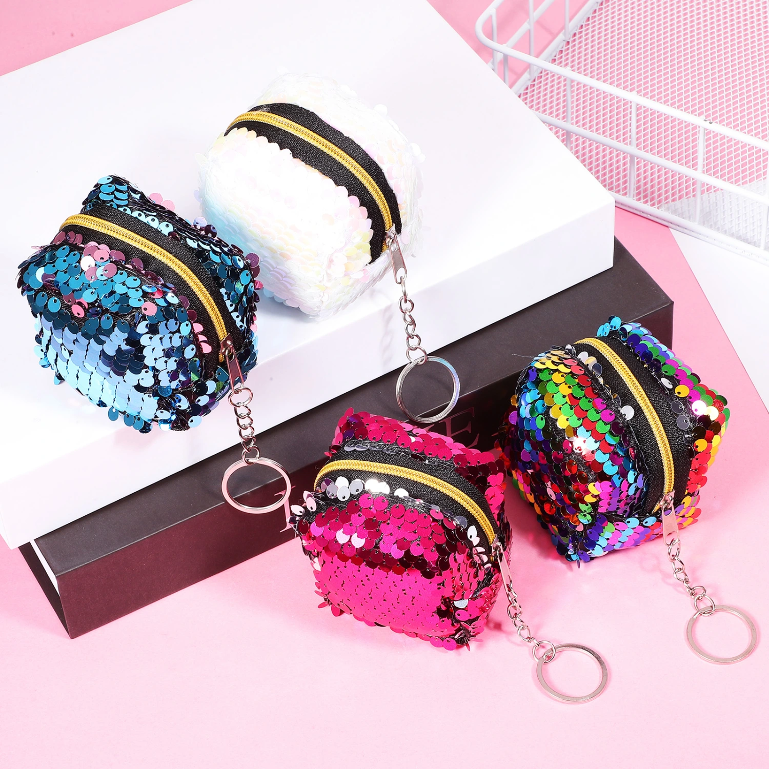 4Pcs Coin Purses Reversible Sequin Mini Wallet Colorful Change Coin Handbags with Zipper for Women