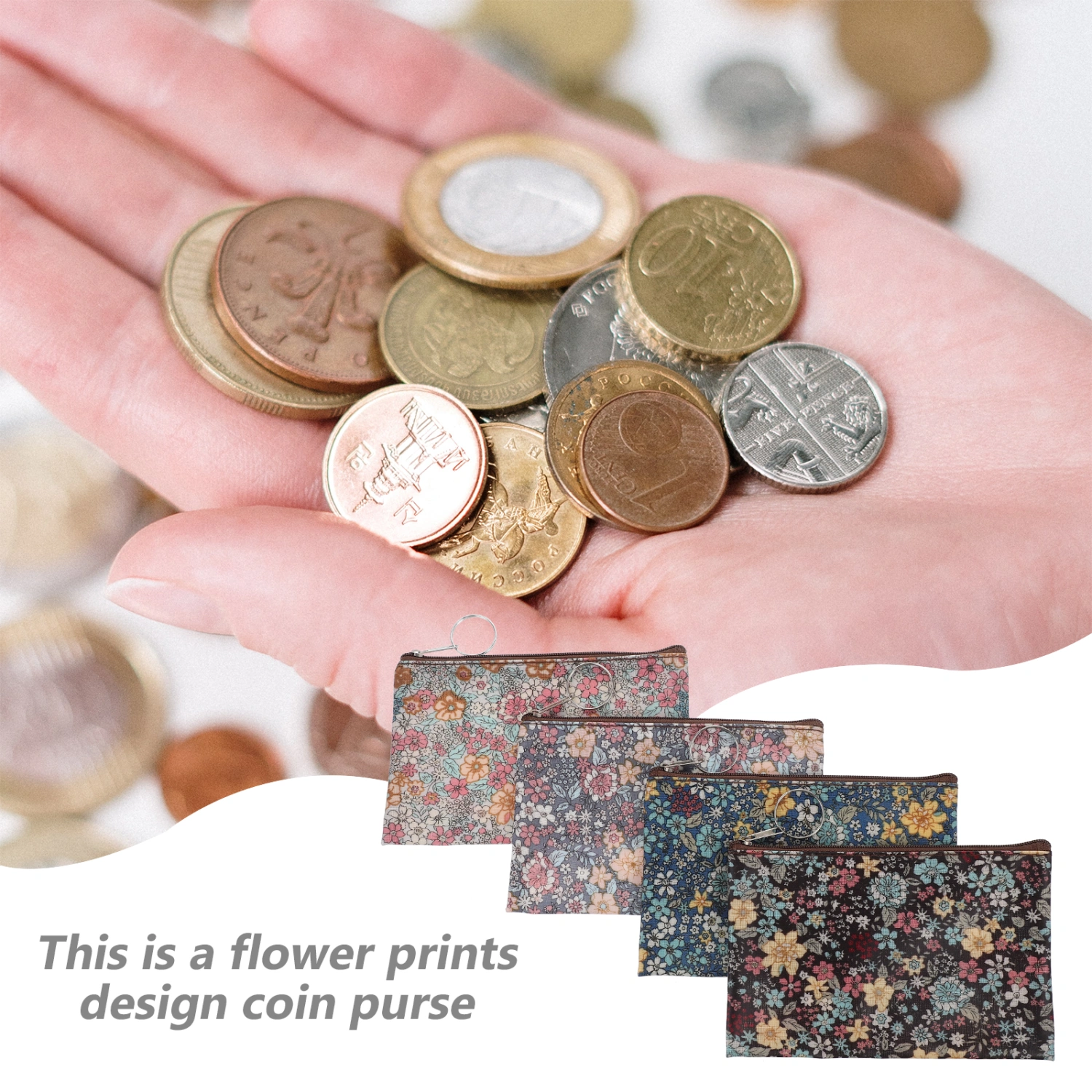 4pcs Flower Prints Coin Purse Small Cotton Cloth Woman Change Purse Zipper Wallet