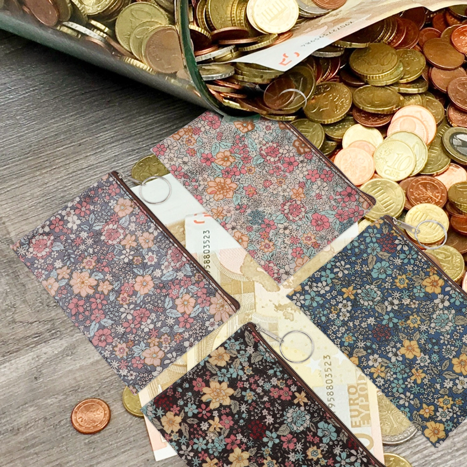 4pcs Flower Prints Coin Purse Small Cotton Cloth Woman Change Purse Zipper Wallet