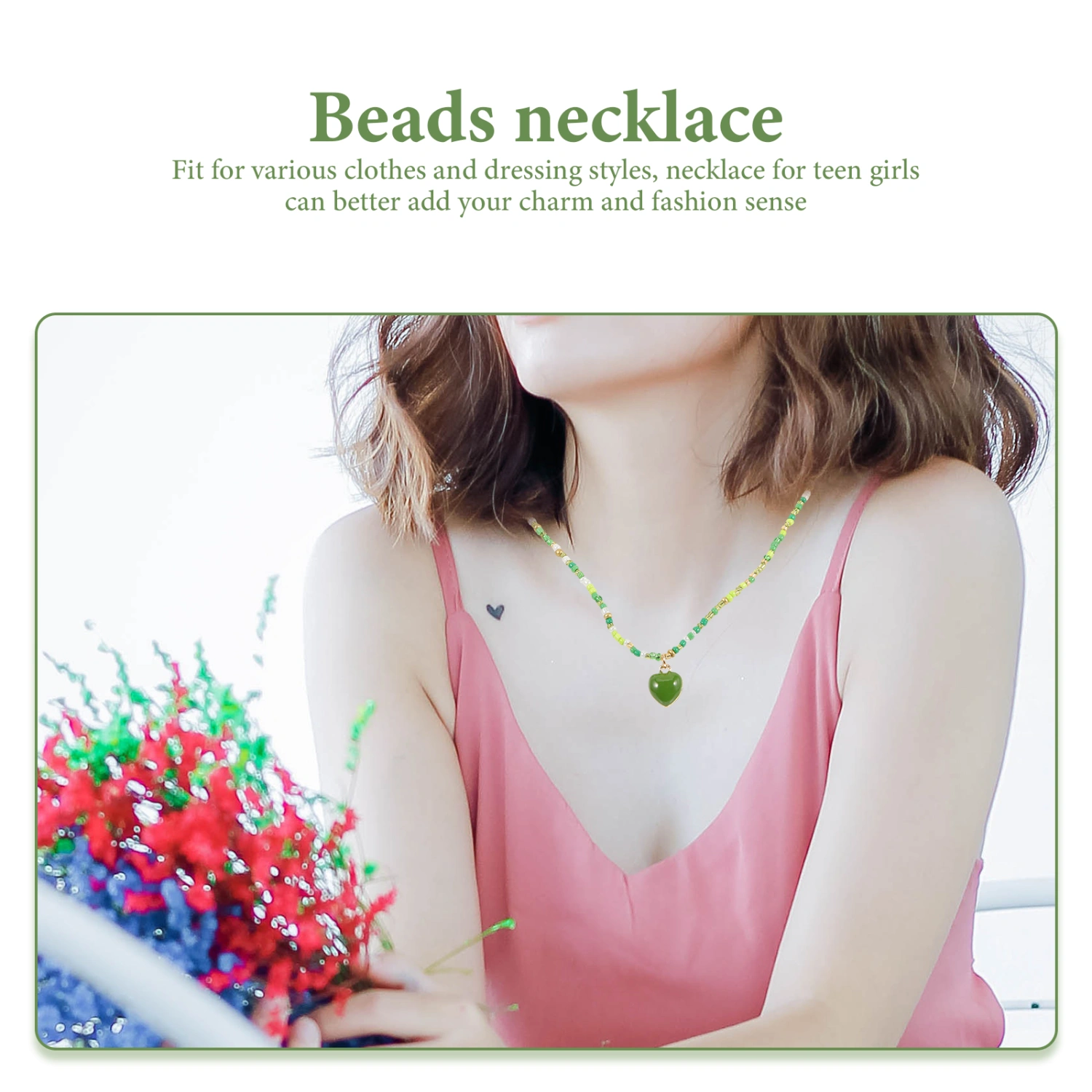 Women Necklace Teen Girls Beaded Necklace Heart Pendant Necklace Ladies Neck Jewelry