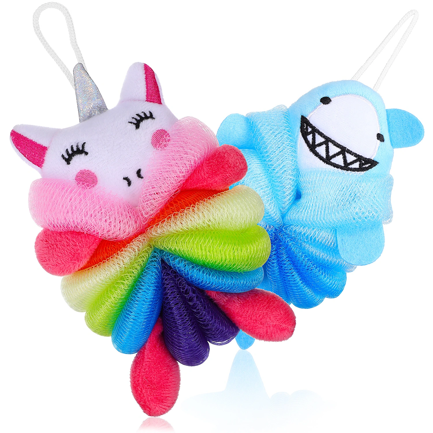 2pcs Bath Shower Loofahs Body Wash Sponge Cartoon Shark Unicorn Exfoliating Shower Sponges for Kids