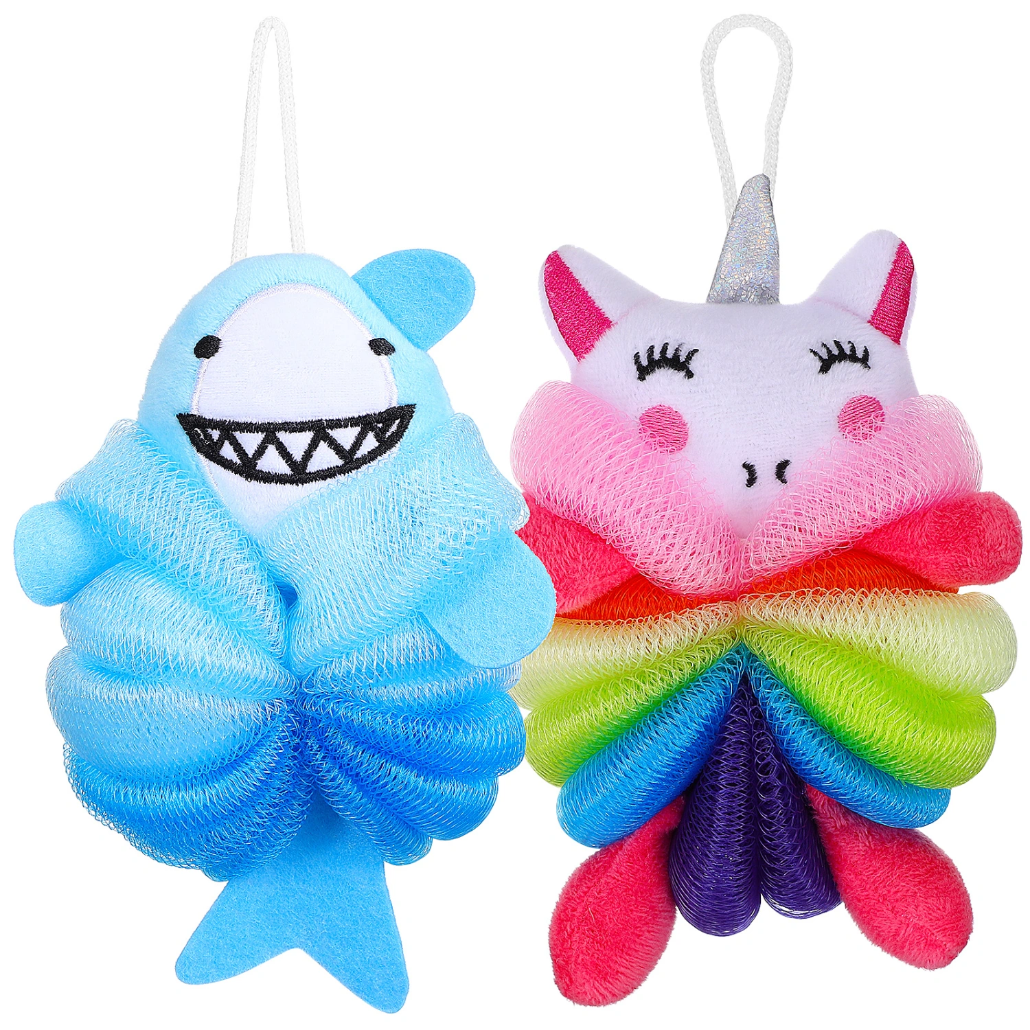 2pcs Bath Shower Loofahs Body Wash Sponge Cartoon Shark Unicorn Exfoliating Shower Sponges for Kids