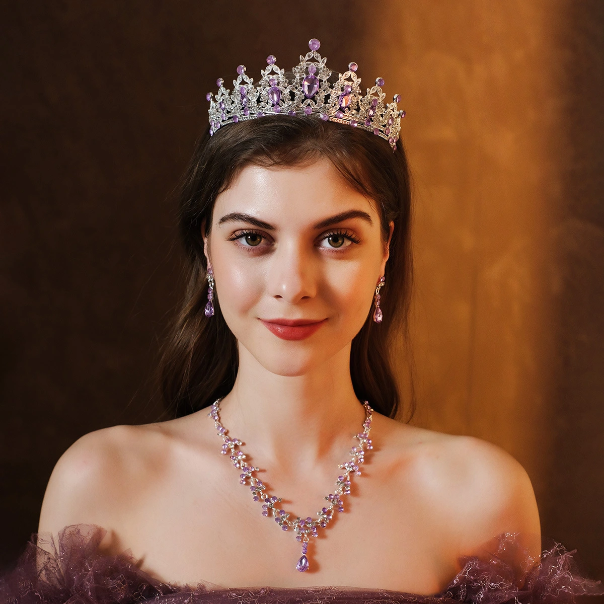 1 Set Women Necklace Earrings Rhinestone Crown Bride Fashionable Jewelries Wedding Jewelry Gift