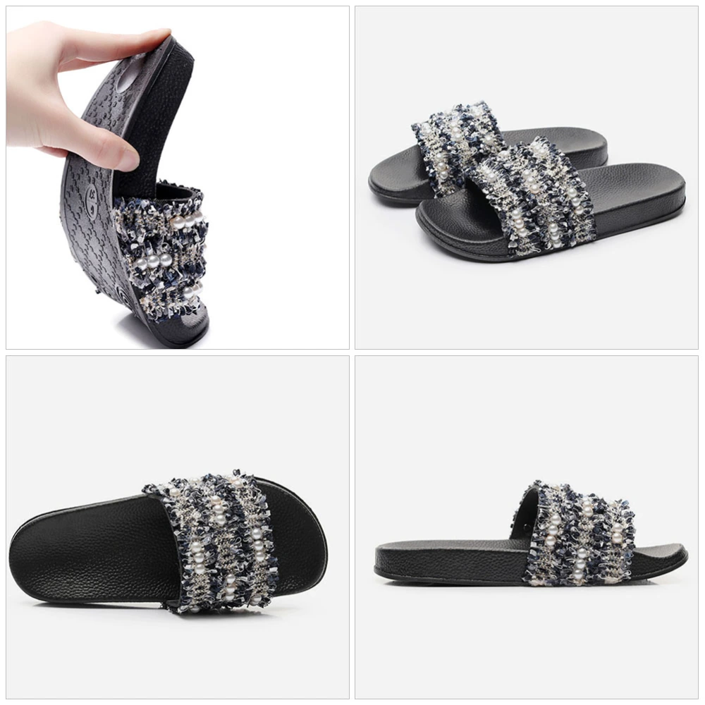 1 Pair Women Pearl Sandals Braided Pearl Flat Sandals Summer Flat Sandals Slippers