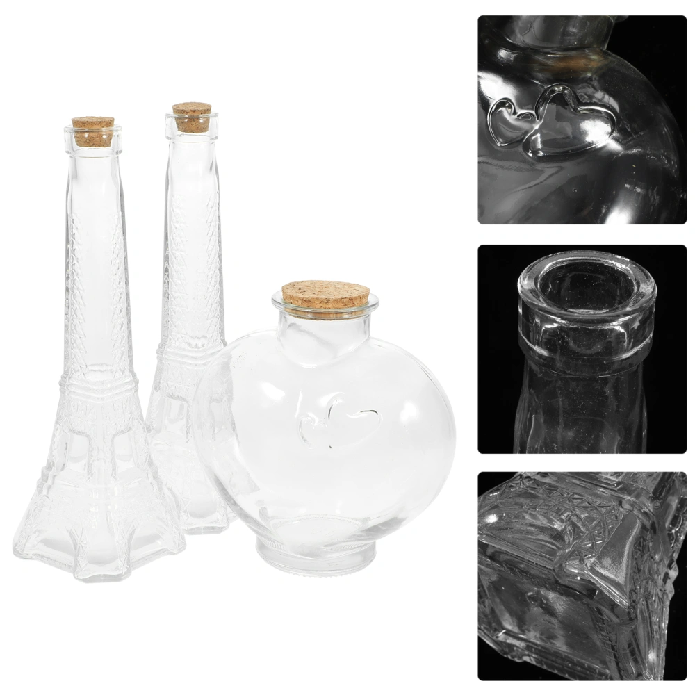 3pcs Glass Heart Tower Shape Wishing Bottle Glass Drift Bottle Party Wedding Sand Ceremony Bottle