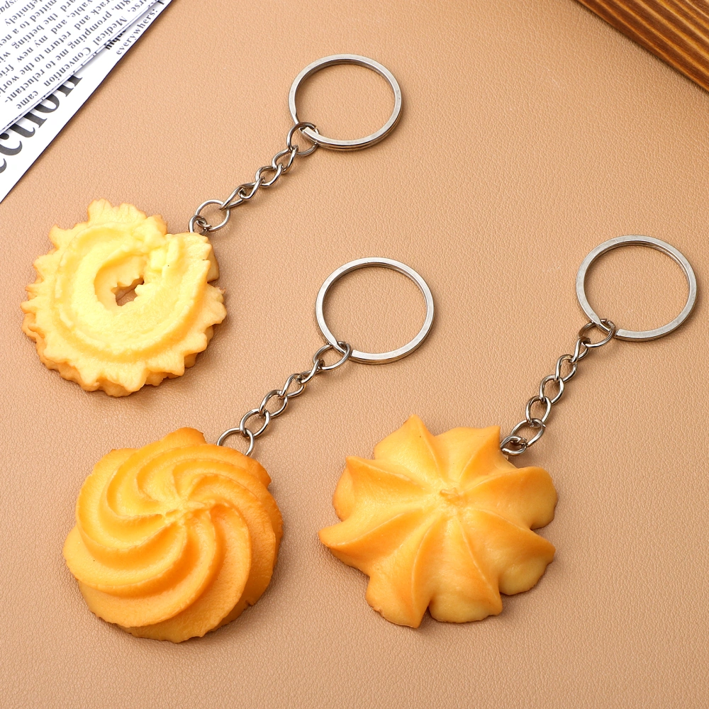 3Pcs Cookie Key Chains Artificial Biscuit Model Key Rings Decorative School Bag Pendant for Handbag