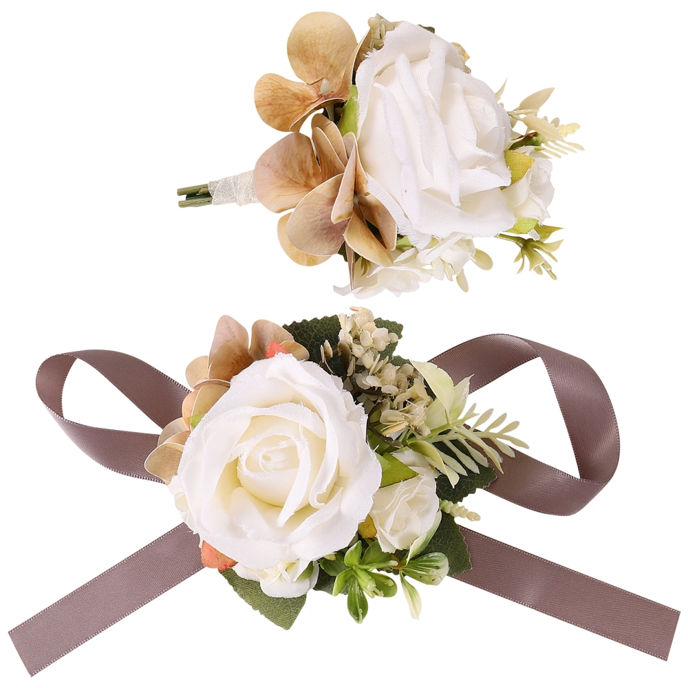 1 Set of  Artificial Wrist Flower Corsage Boutonniere Set Wrist Corsage Boutonniere Kit for Bride Groom