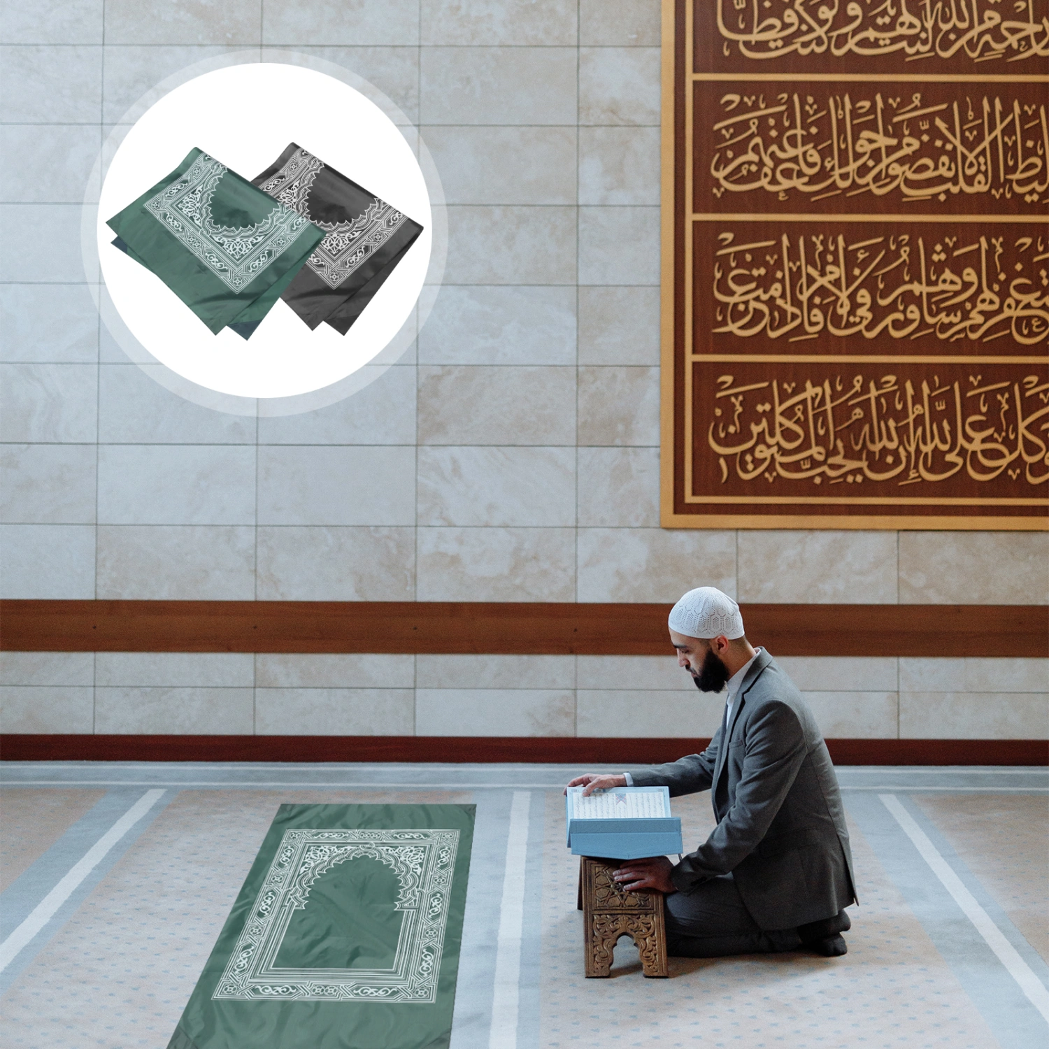 2Pcs Islamic Prayer Carpet Portable Prayer Mat with Compass Muslim Prayer Rug Practical Prayer Carpet