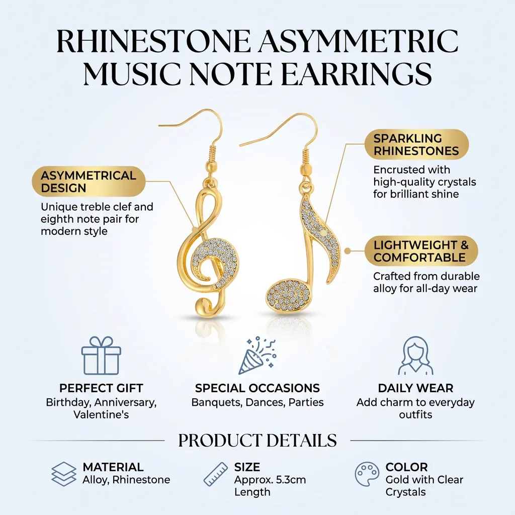 1 Pair Rhinestone Note Earrings Asymmetric Earrings Sparkling Earrings Personalized Earrings