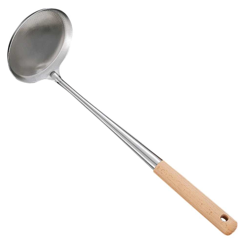 Household Wood Handle Spoon Kitchen Frying Snack Spoon Non-stick Stainless Steel Spoon