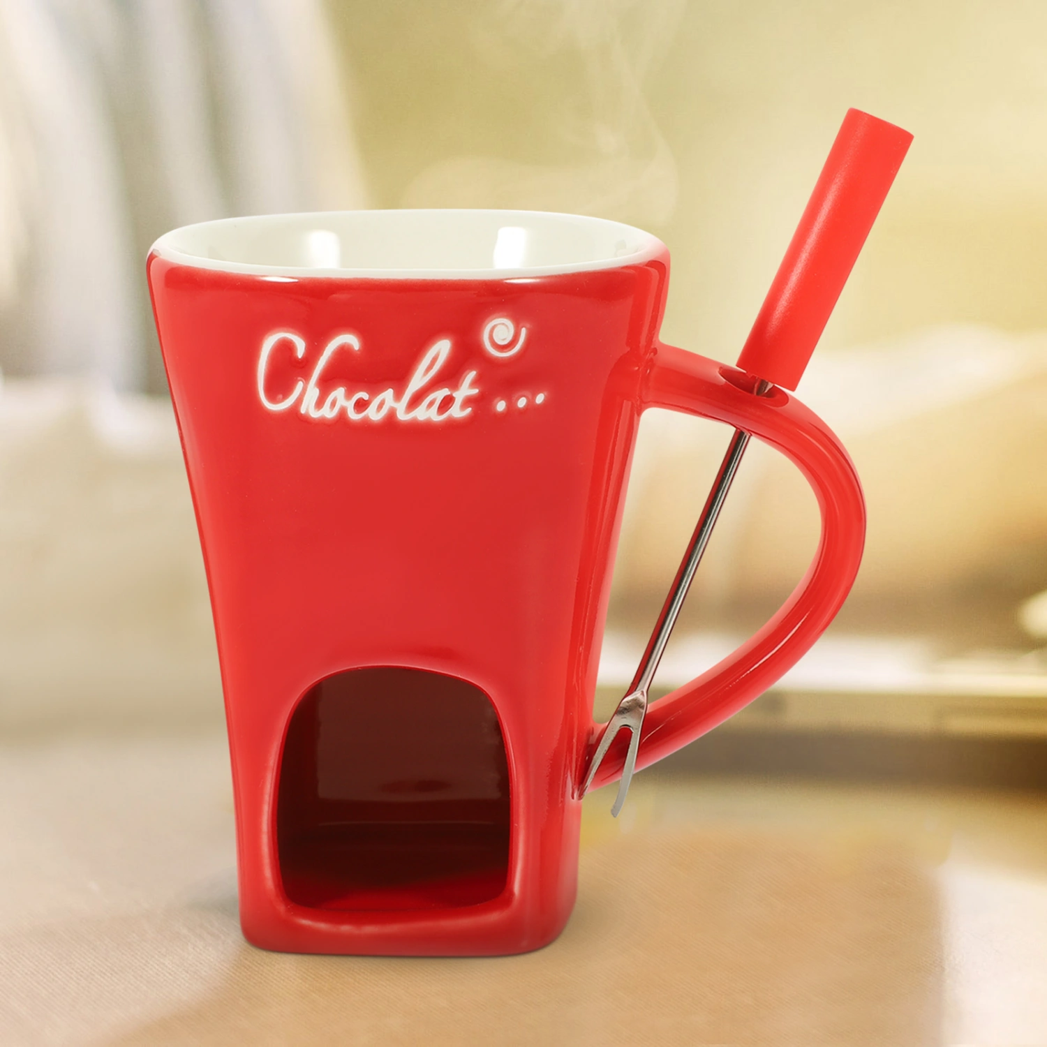 1 Set Ceramic Cheese Warmer Porcelain Fondue Mug Chocolate Melting Mug with Fork