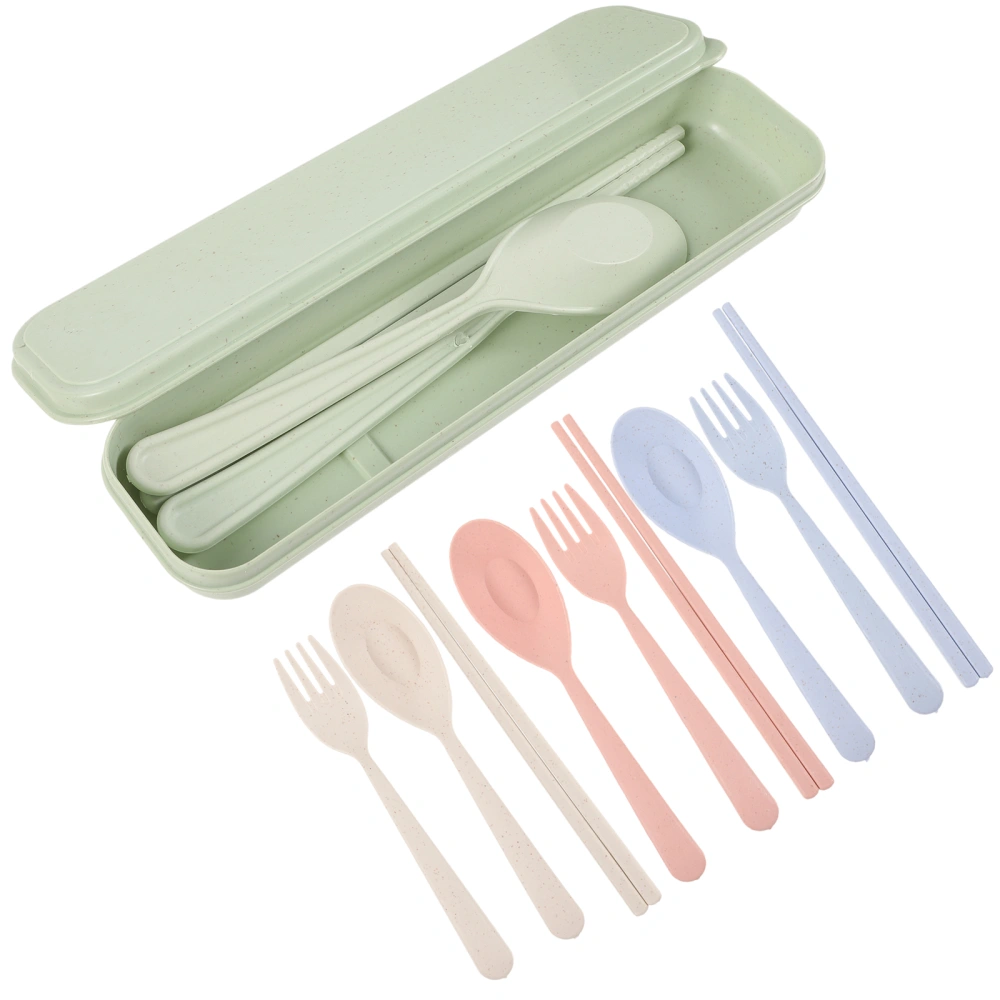 4 Sets Reusable Travel Utensils with Case Wheat Straw Cutlery Set Chopsticks Fork Spoon Set