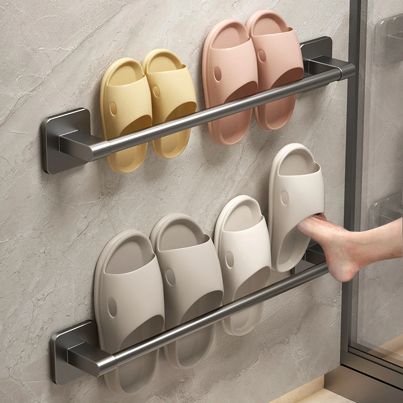 Bathroom Wall Towel Organizer No Drilling Metal Towel Hanger Multi-use Slipper Drying Rack