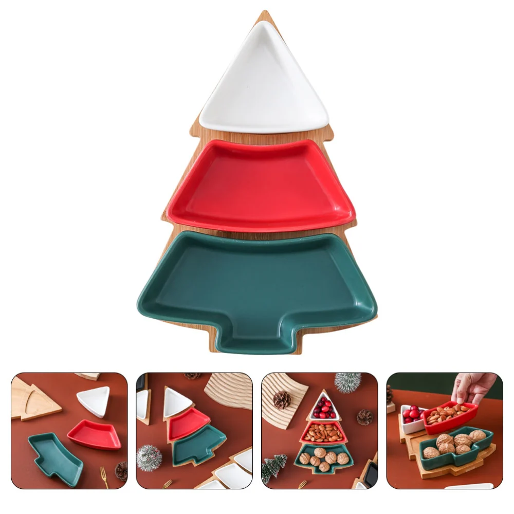 1 Set Christmas Tree Shape Divided Snack Plates with Bamboo Tray Xmas Snack Serving Plate