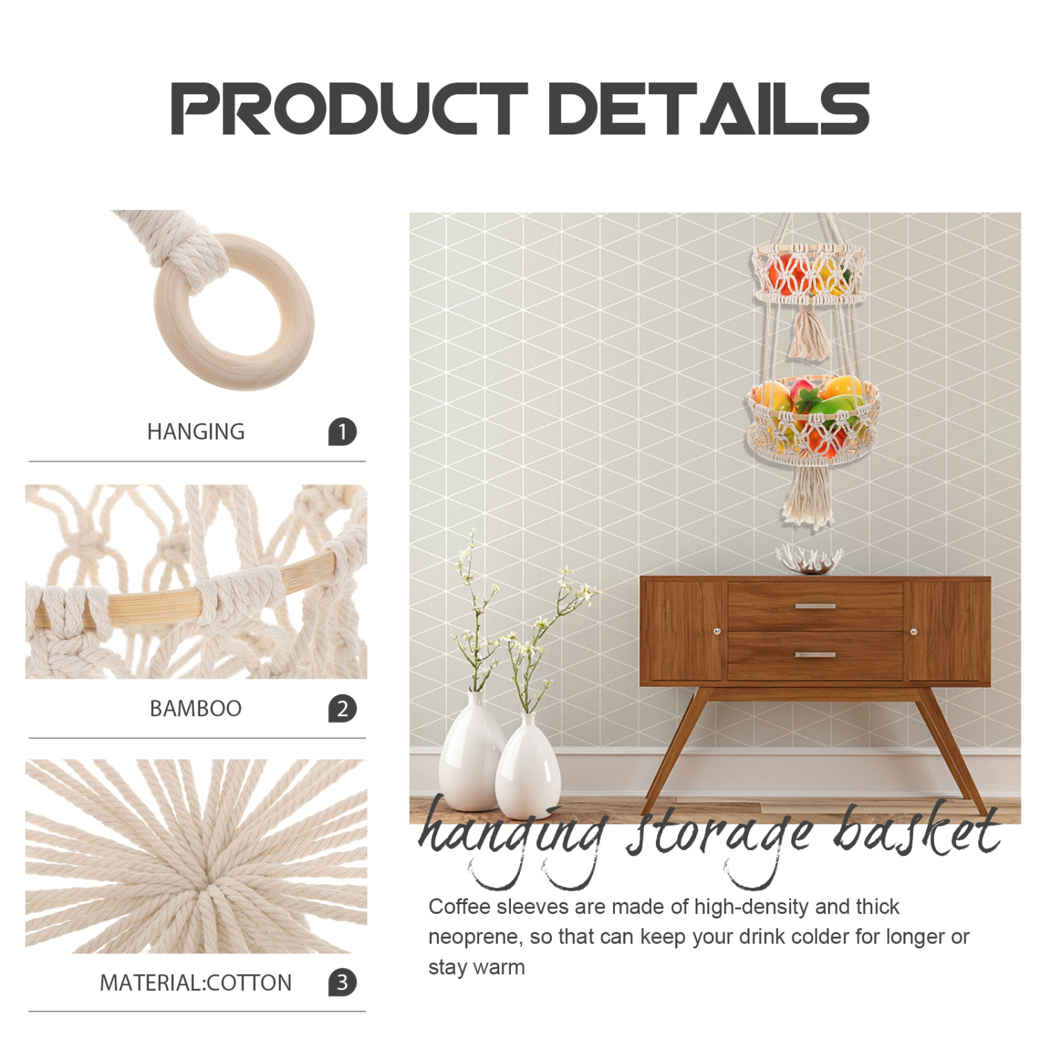 Hanging Fruit Basket Cotton Rope Fruit Hanging Basket Macrame Basket Fruit Basket for Kitchen Home