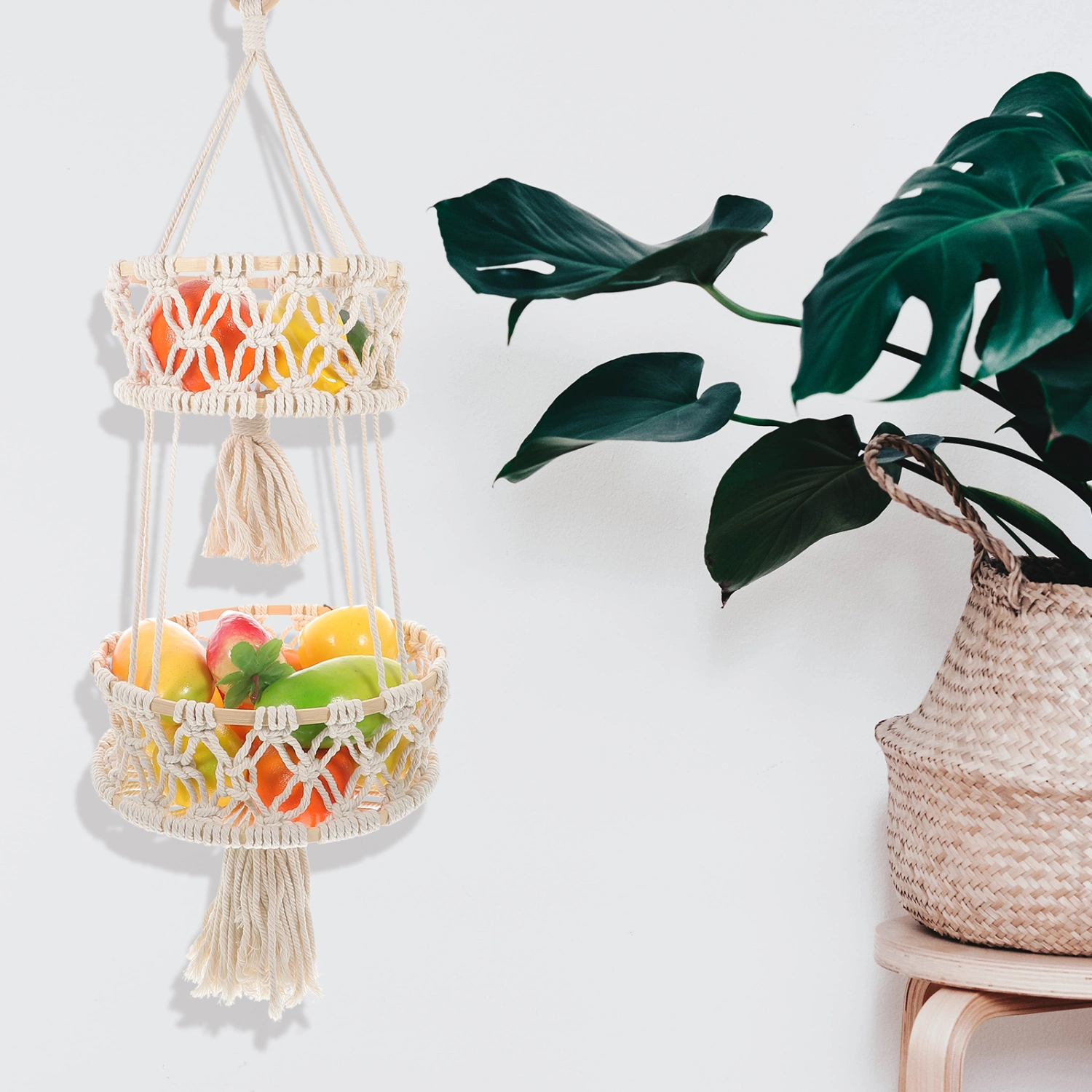 Hanging Fruit Basket Cotton Rope Fruit Hanging Basket Macrame Basket Fruit Basket for Kitchen Home